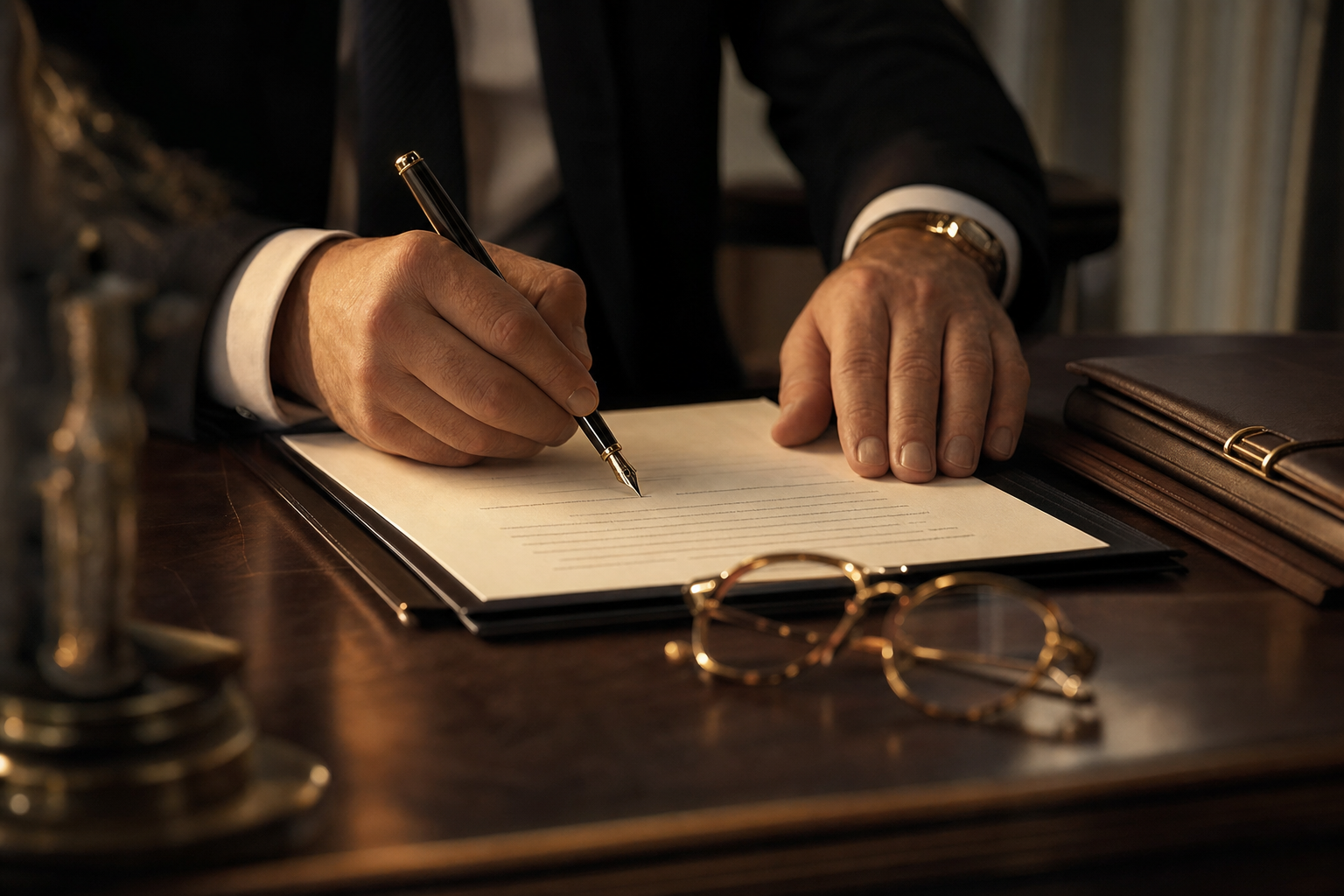 Close-up of an attorney signing a legal document at a wooden desk