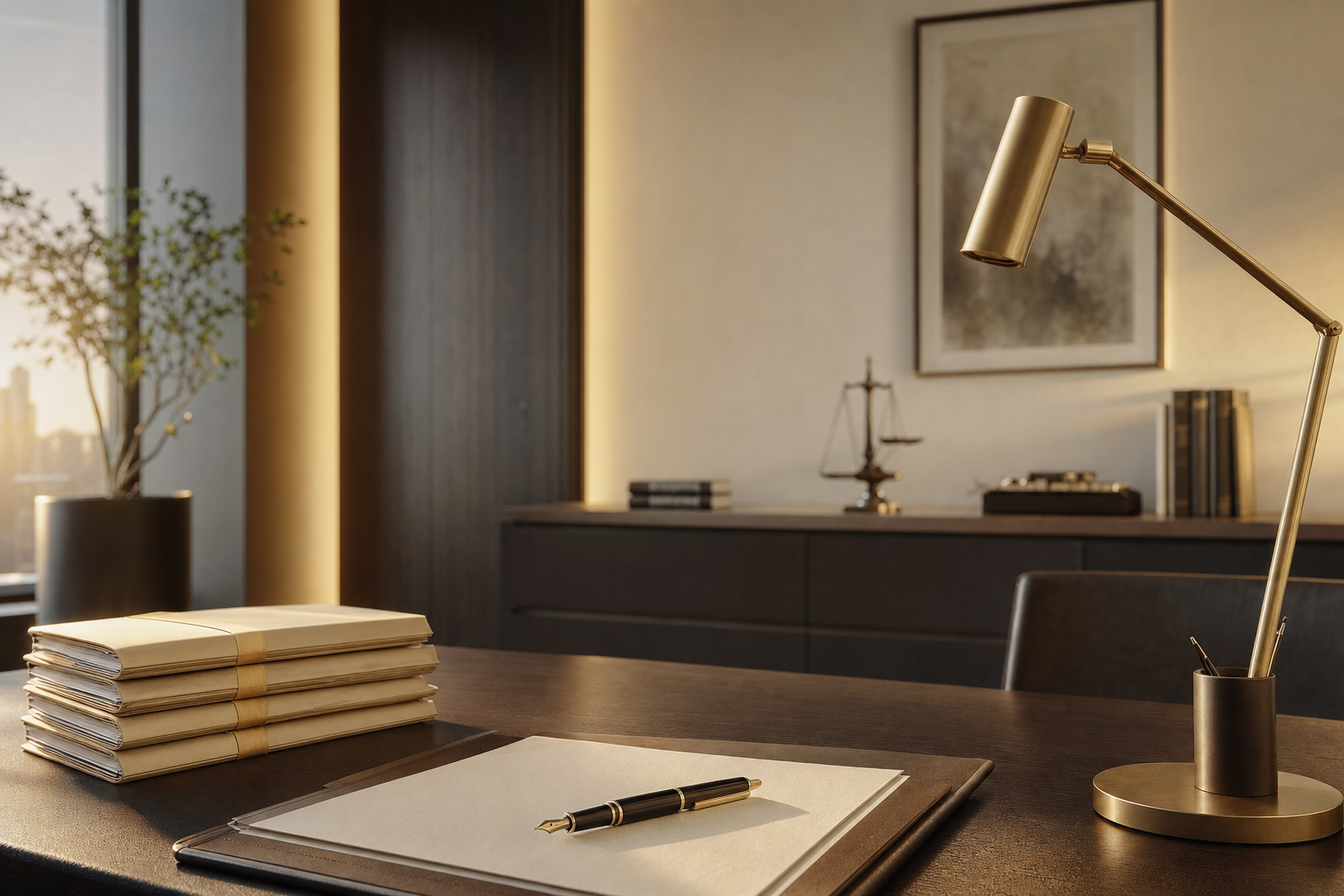 A calm, well-appointed legal office with case files, a fountain pen, and a brass desk lamp